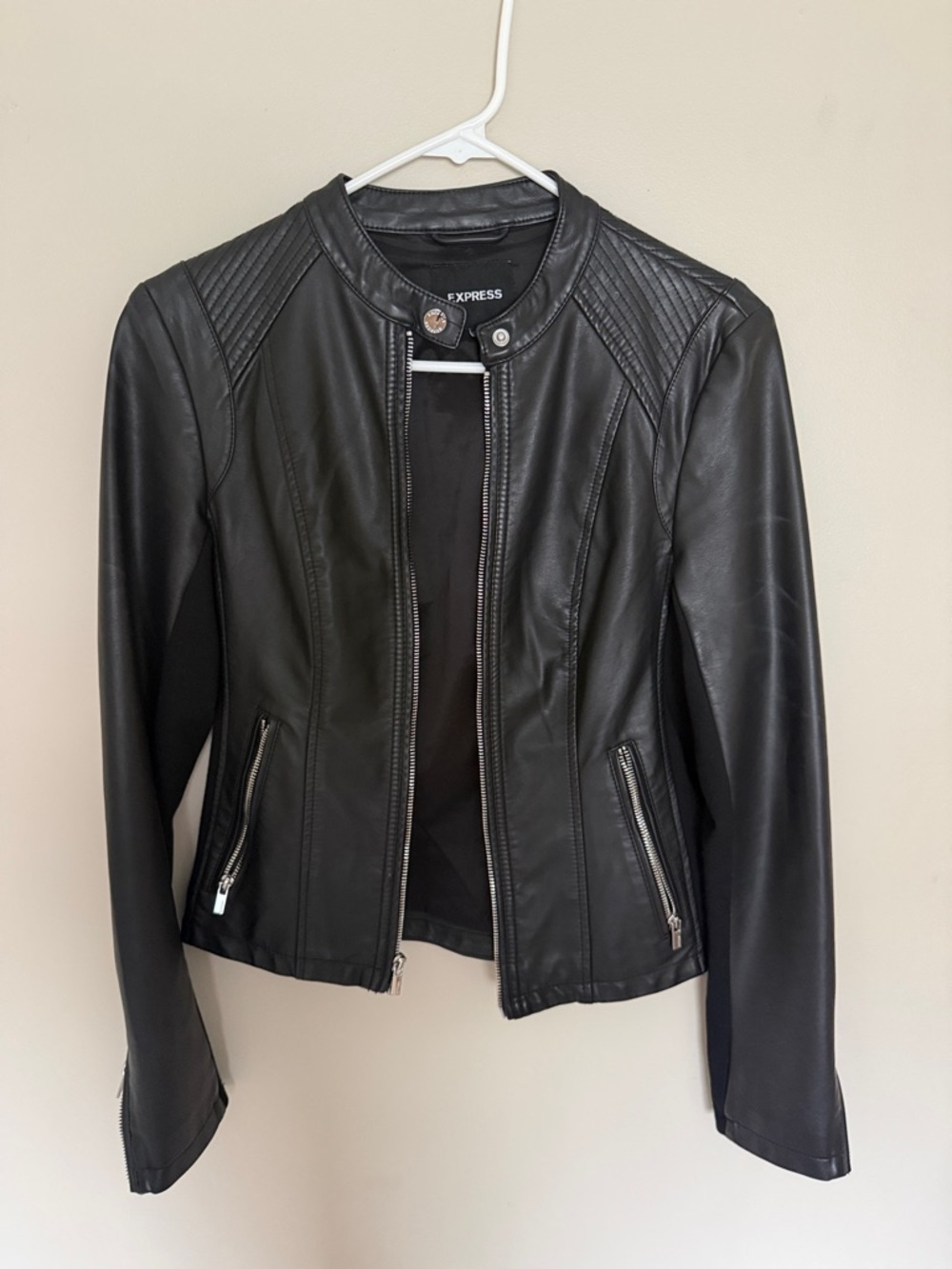 Express Black Faux Leather Quilted-Shoulder Moto Jacket